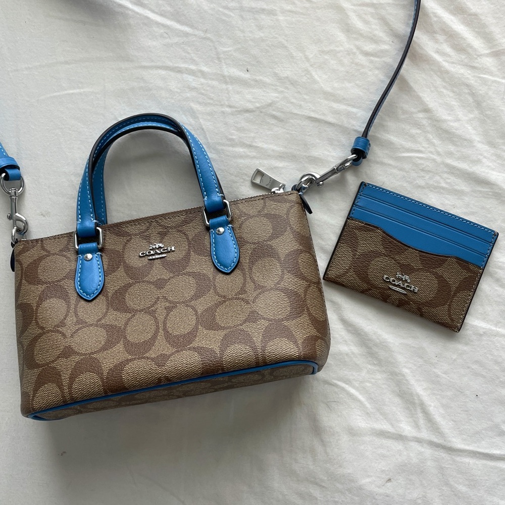 brown + blue coach crossbody bag + wallet